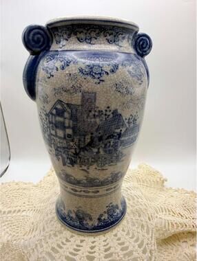 Asian Chinese Crackle Ginger Vase Blue & White Carriage Horse Landscape 8”